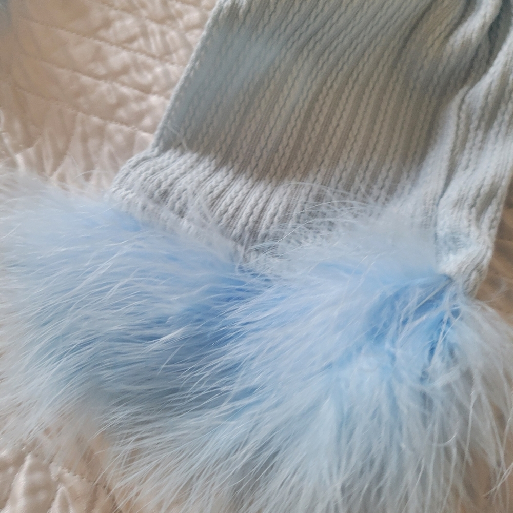 Powder Blue Feather Trim Ribbed Cardigan Size S Vintage Glam - Picture 5 of 5